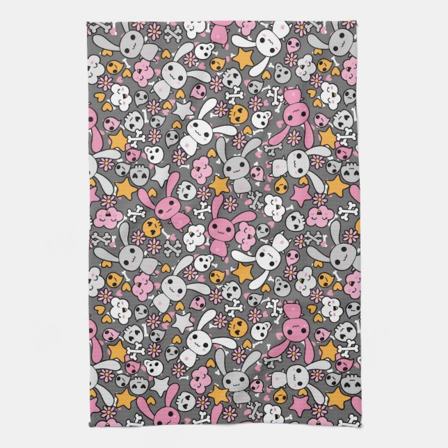 kawaii grey pattern tea towel (Vertical)