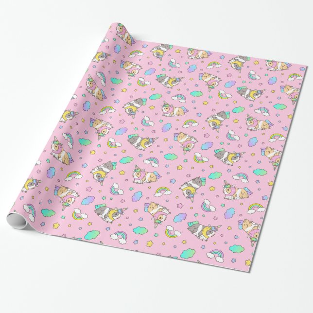 Kawaii Guinea Pig Unicorn Pattern in Pink Wrapping Paper (Unrolled)
