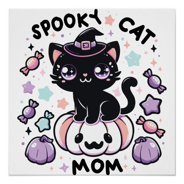 Kawaii Halloween Cat – Cute Witch Kitty on Pumpkin Poster (Front)