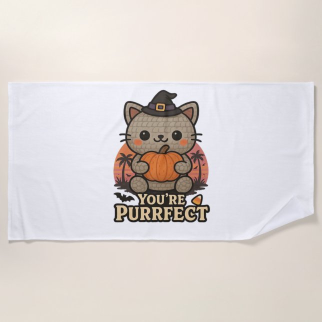 Kawaii Halloween Cat with Pumpkin, Cute Witch Kitt Beach Towel (Front)