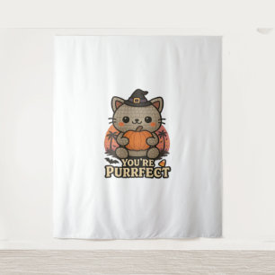 Kawaii Halloween Cat with Pumpkin, Cute Witch Kitt Tapestry