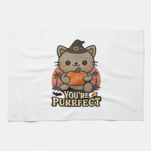 Kawaii Halloween Cat with Pumpkin, Cute Witch Kitt Tea Towel
