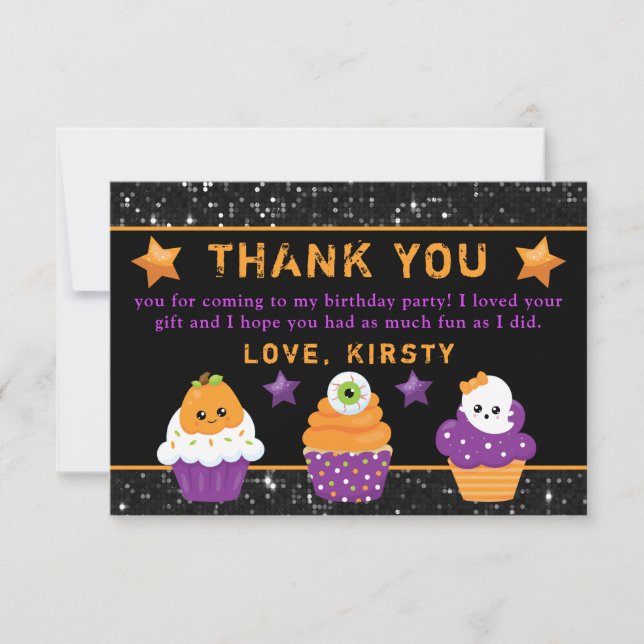 Kawaii Halloween Cupcakes Birthday Thank You Card (Front)