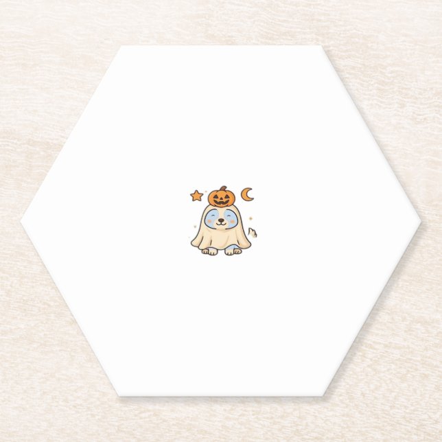 Kawaii Halloween Dog � Pumpkin Ghost Puppy Sticker Paper Coaster (Front)
