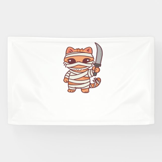 Kawaii Halloween Mummy Cat with Sword Classic T-Sh Banner (Horizontal)