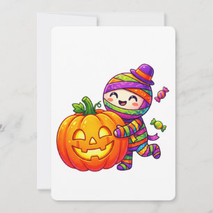 Kawaii Halloween Mummy Hugging Pumpkin Invitation