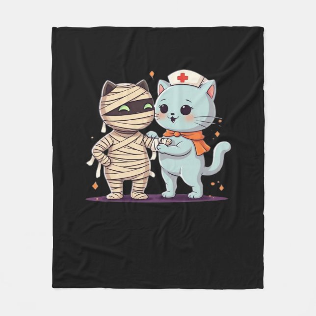 Kawaii Halloween Pals Mummy & Nurse cat Oversized  Fleece Blanket (Front)