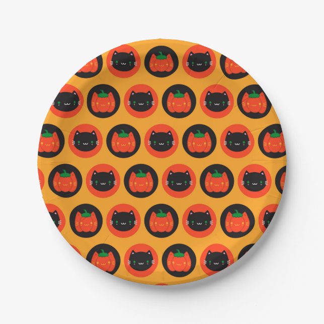 Kawaii Halloween Pumpkin Cats Paper Plate (Front)