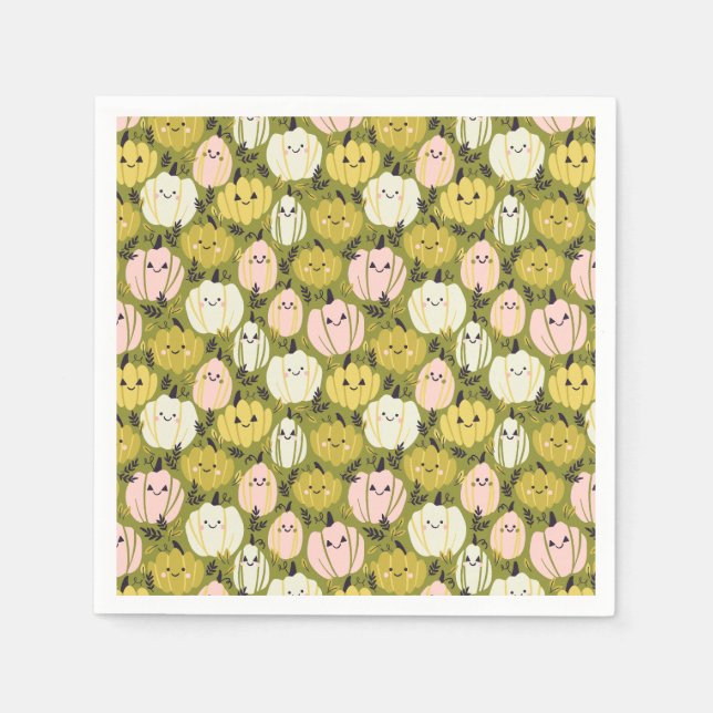 Kawaii Halloween Pumpkins in Pink & Green Napkin (Front)