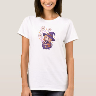 Kawaii Halloween Witch with Ghosts T-Shirt