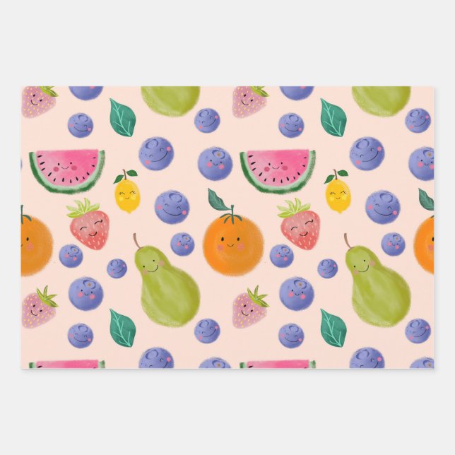Kawaii Hand-drawn Happy Fruits Wrapping Paper Sheet (Front)