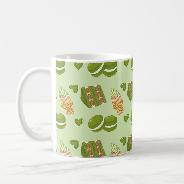 Kawaii Hand-Drawn Matcha Sweets Seamless Pattern Coffee Mug (Left)