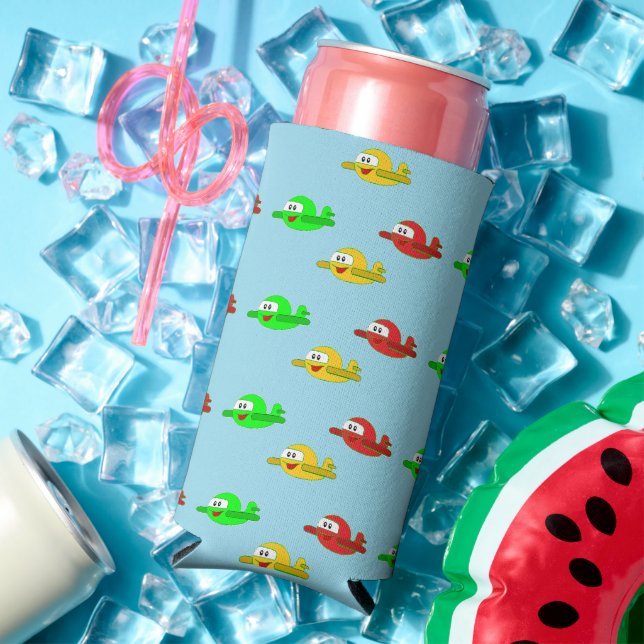 Kawaii happy aeroplanes pattern blue seltzer can cooler (In Situ Summer)