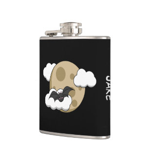 Kawaii Happy Bat Flying on Full Moon Add Name Hip Flask