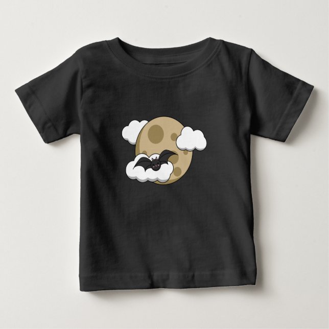 Kawaii Happy Bat Flying on Full Moon Baby T-Shirt (Front)