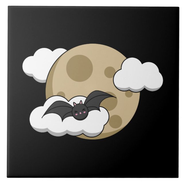 Kawaii Happy Bat Flying on Full Moon Ceramic Tile (Front)