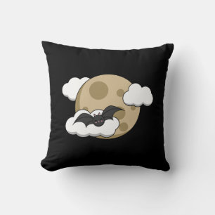 Kawaii Happy Bat Flying on Full Moon Cushion