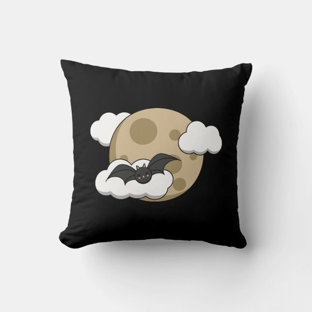 Kawaii Happy Bat Flying on Full Moon Cushion (Front)