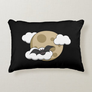 Kawaii Happy Bat Flying on Full Moon Decorative Cushion