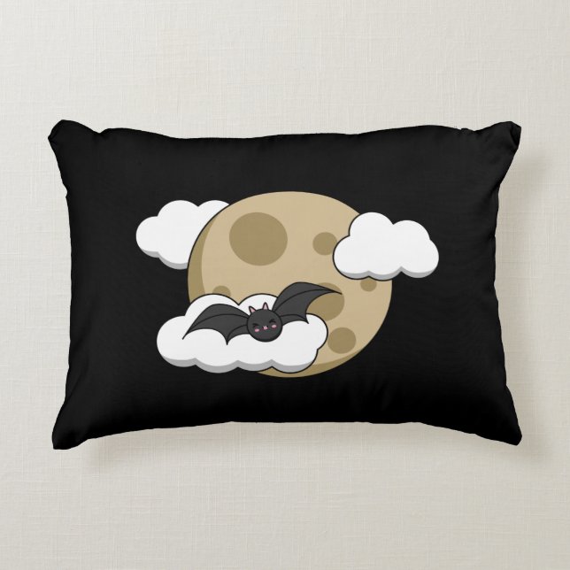 Kawaii Happy Bat Flying on Full Moon Decorative Cushion (Front)