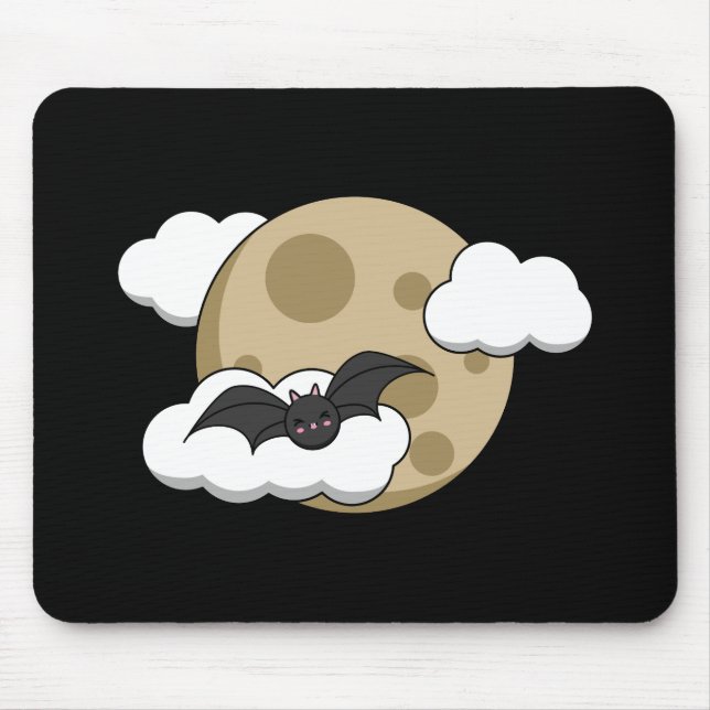 Kawaii Happy Bat Flying on Full Moon Mouse Pad (Front)