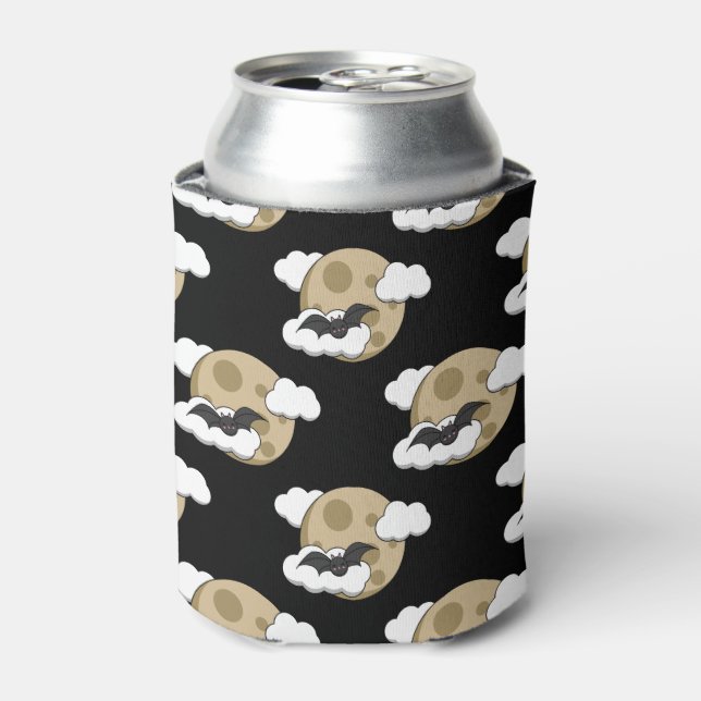 Kawaii Happy Bat Flying on Full Moon Pattern Can Cooler (Can Front)