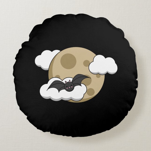 Kawaii Happy Bat Flying on Full Moon Round Cushion (Front)