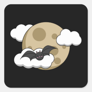 Kawaii Happy Bat Flying on Full Moon Square Sticker