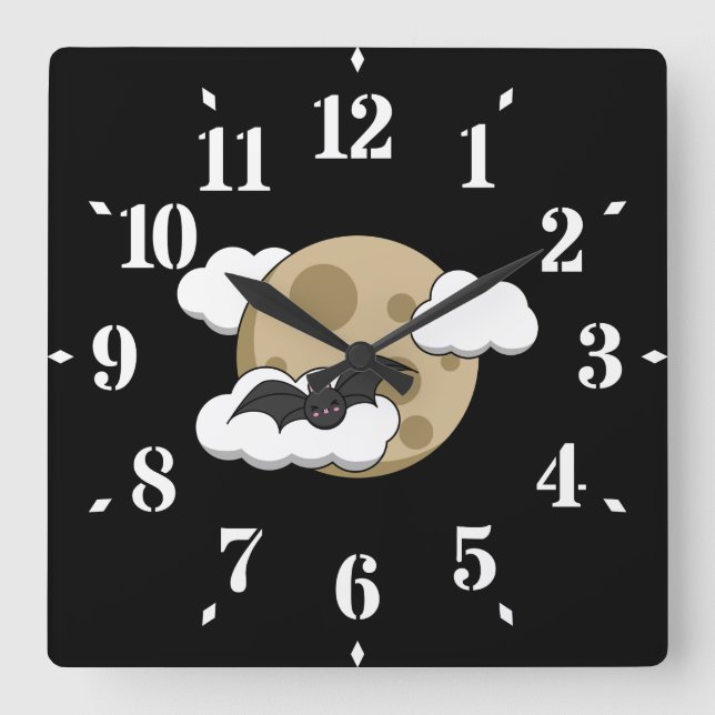 Kawaii Happy Bat Flying on Full Moon Square Wall Clock (Front)