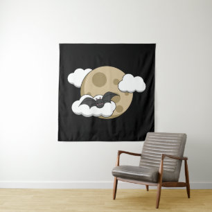 Kawaii Happy Bat Flying on Full Moon Tapestry