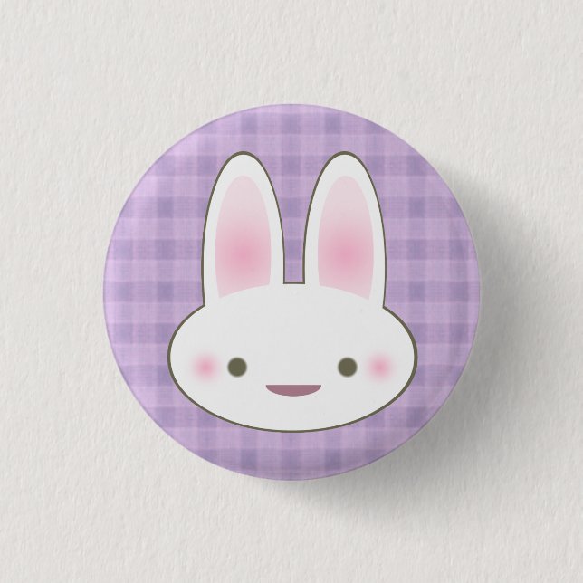 KAWAII HAPPY BUNNY GINGHAM CUTE FACE 3 CM ROUND BADGE (Front)