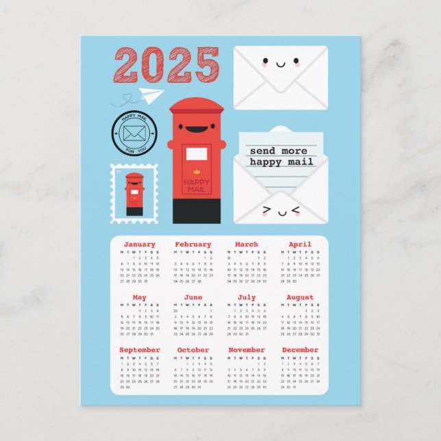 Kawaii Happy Mail 2025 Calendar Postcard (Front)