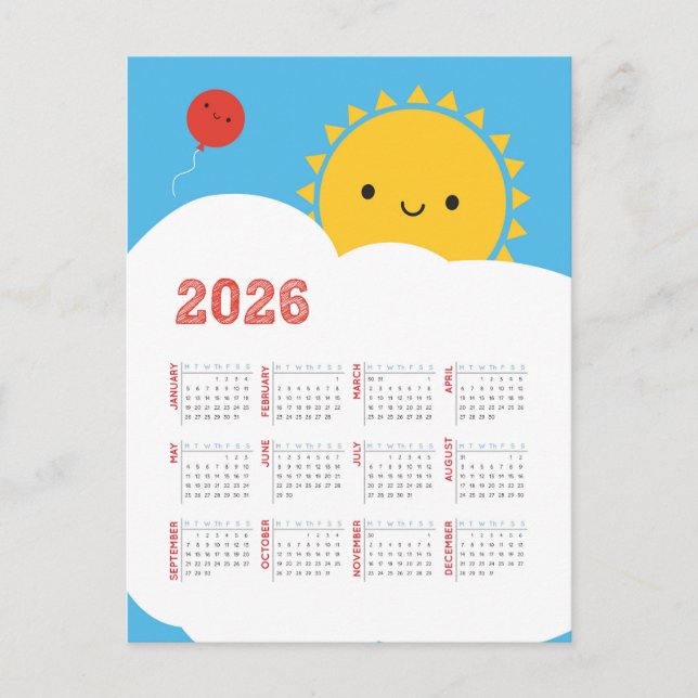 Kawaii Happy Sun 2026 Calendar Postcard (Front)