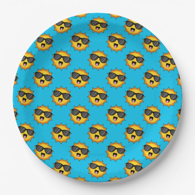 Kawaii Happy Sun with Sunglasses Paper Plate (Front)