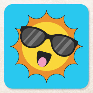 Kawaii Happy Sun with Sunglasses Square Paper Coaster