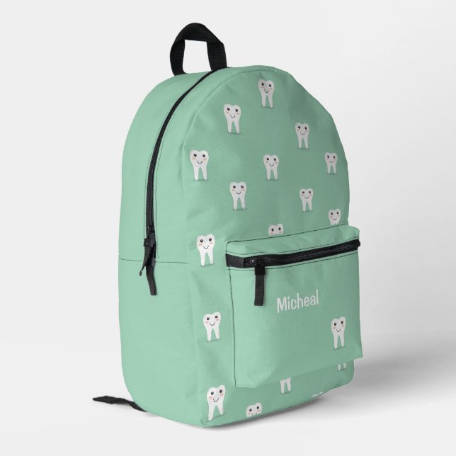 Kawaii happy tooth personalised green printed backpack (Back Corner Left)