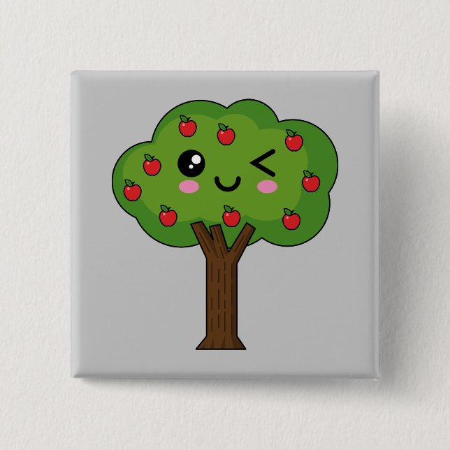 Kawaii Happy Winking Apple Tree 15 Cm Square Badge (Front)