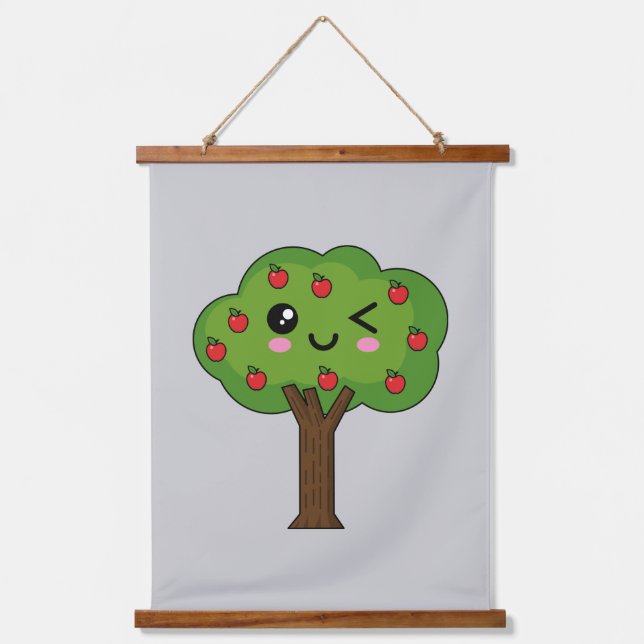 Kawaii Happy Winking Apple Tree Hanging Tapestry (Front)