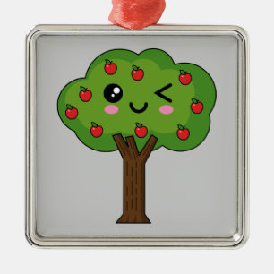 Kawaii Happy Winking Apple Tree Metal Ornament