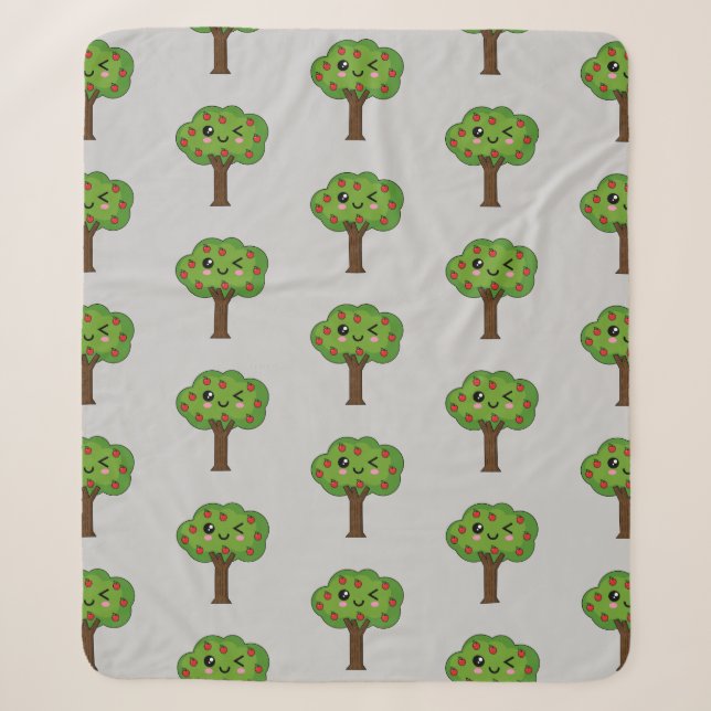 Kawaii Happy Winking Apple Tree Sherpa Blanket (Front)