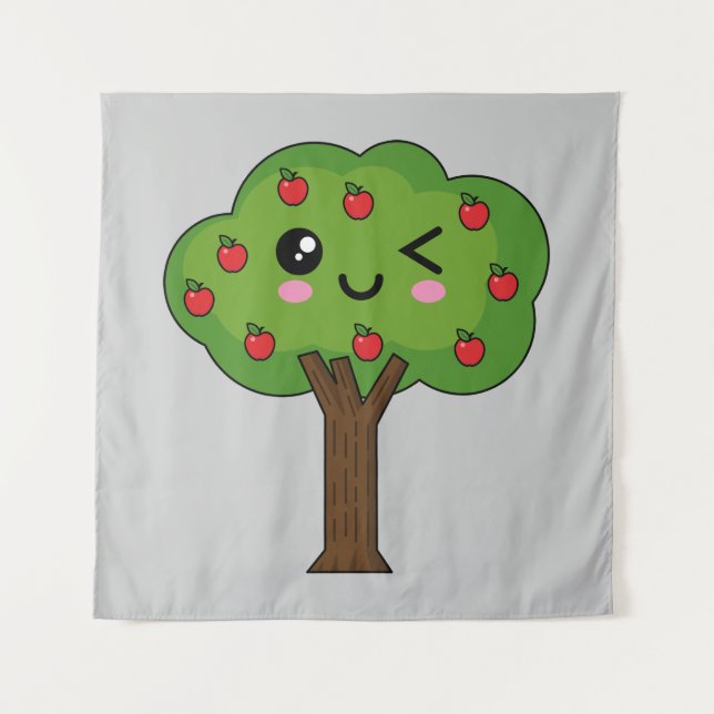 Kawaii Happy Winking Apple Tree Tapestry (Front)