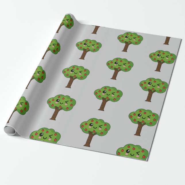 Kawaii Happy Winking Apple Tree Wrapping Paper (Unrolled)