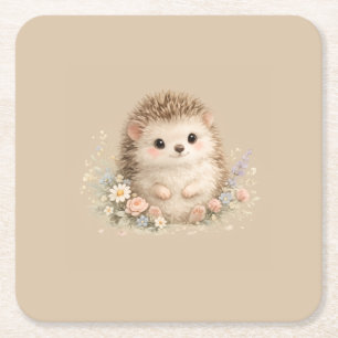 Kawaii Hedgehog Cottagecore Floral Gift Square Paper Coaster