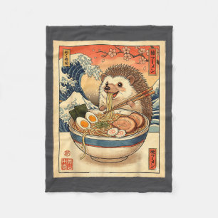 Kawaii Hedgehog Eating Ramen Noodles Bowl Cute Ani Fleece Blanket