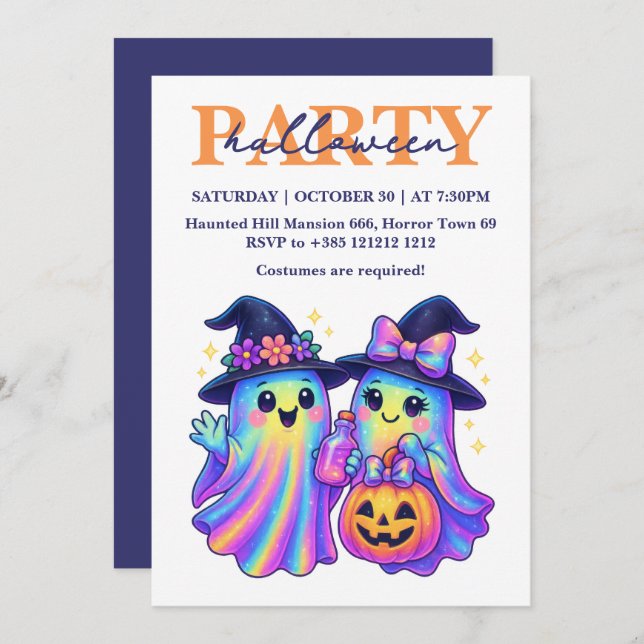 Kawaii Holographic Retro Ghosts Halloween Party Invitation (Front/Back)