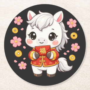 Kawaii Horse Chinese New Year Round Paper Coaster