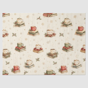 Kawaii Hot Cocoa Mug Stacked Books Holly Christmas Tissue Paper