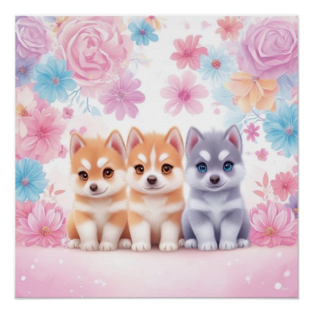 Kawaii Husky Pair Wall Art & Poster (Front)