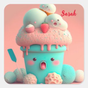 Kawaii ice cream cup square sticker