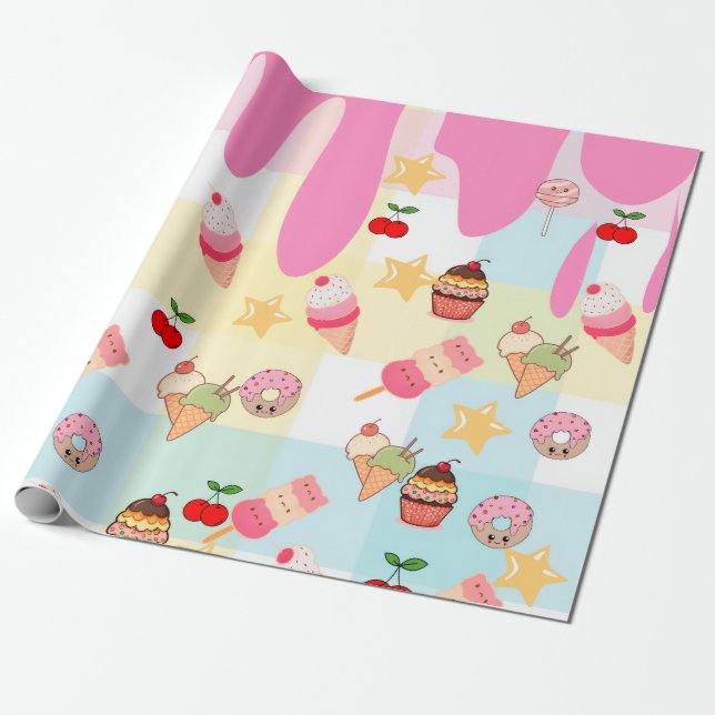Kawaii Ice Cream & Drip Wrapping Paper | (Unrolled)